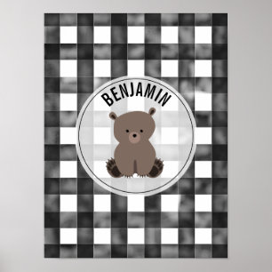 Bear Black + White Gingham Baby Kinderzimmer Poster