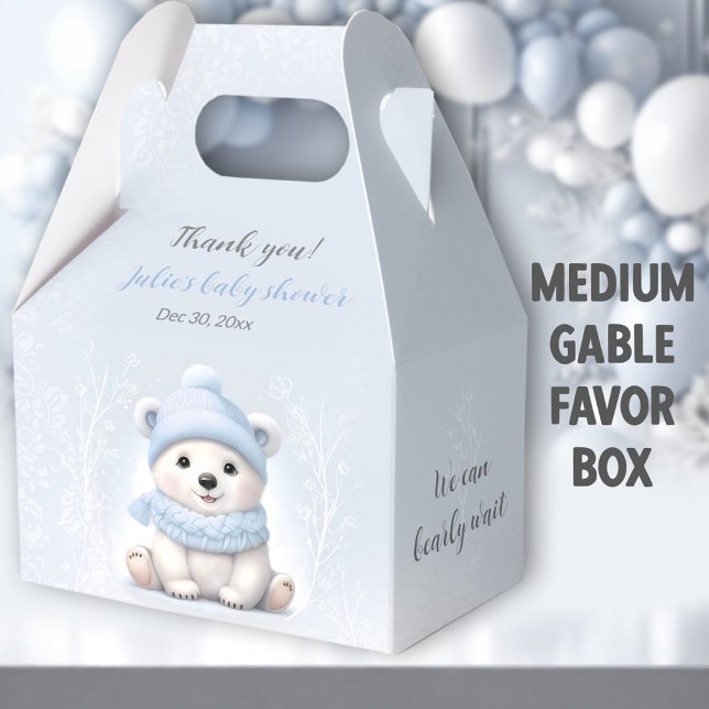 Bear Blue Baby Dusche Medium für Vorwartung Polar  Geschenkschachtel (Blue Polar Bear Medium Gable Favor Boxes - You can choose from 3 sizes of these gable favor boxes.)