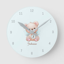 Bear Blue Baby Monogram Add Name Wall Clock Runde Wanduhr