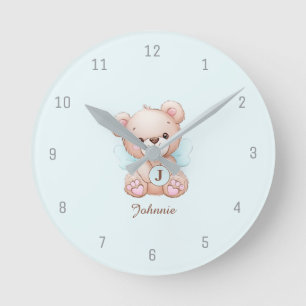 Bear Blue Baby Monogram Add Name Wall Clock Runde Wanduhr