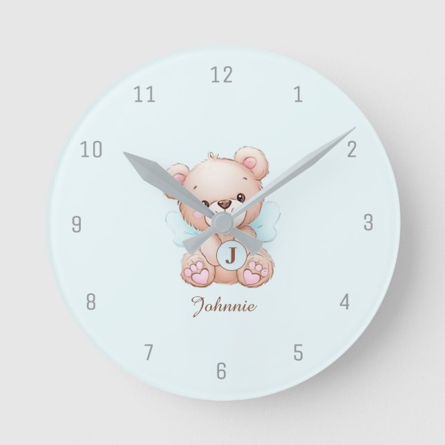 Bear Blue Baby Monogram Add Name Wall Clock Runde Wanduhr (Vorderseite)