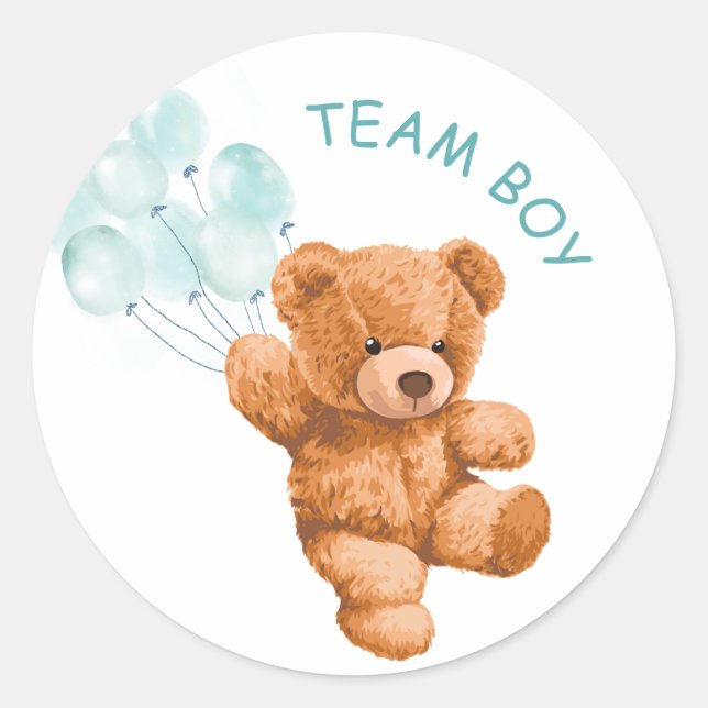 Bear Blue Balloon TEAM BOY Gender Reveal Game Runder Aufkleber (Vorderseite)