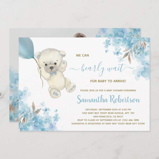 Bear Blue Balloon Watercolor Boy Baby ShowFoto Einladung (Vorne/Hinten)