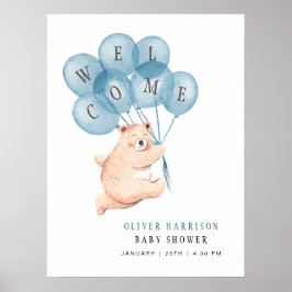 Bear Blue Balloons Boy Baby Dusche Begrüßungszeich Poster