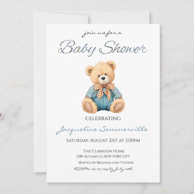 Bear Blue Shirt Pants Baby Dusche Es ist ein Junge Einladung (Vorderseite)