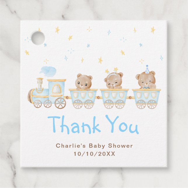 Bear Blue Train Baby Dusche Vielen Dank Geschenkanhänger (Vorderseite)