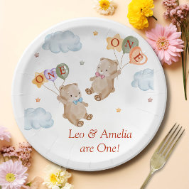 Bear Boy Girl Twins - Erste Geburtstagsparty Pappteller
