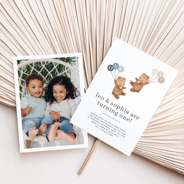 Bear Boy Girl Twins - Foto 1. Geburtstag Einladung (Von Creator hochgeladen)