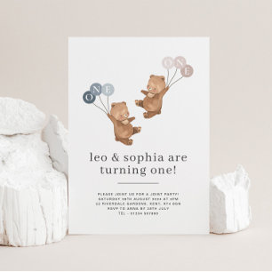 Bear Boy Girl Twins Joint 1. Geburtstagseinladung Einladung