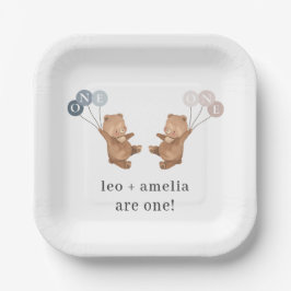 Bear Boy Girl Twins - Joint 1st Birthday Pappteller