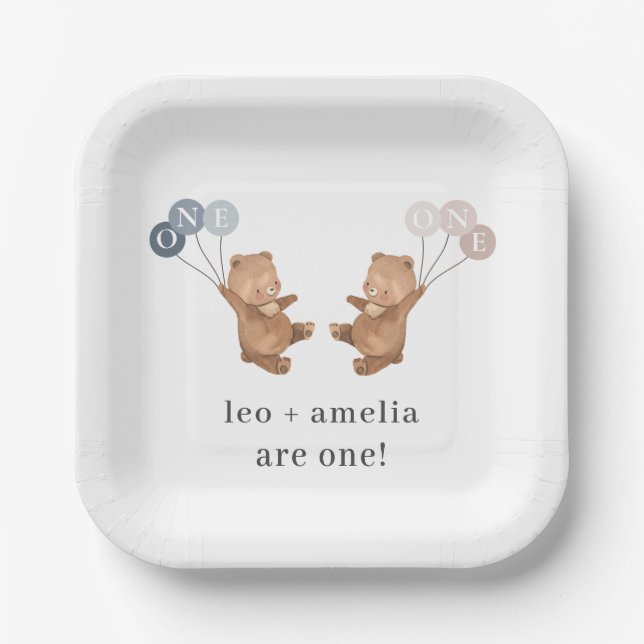 Bear Boy Girl Twins - Joint 1st Birthday Pappteller (Vorderseite)