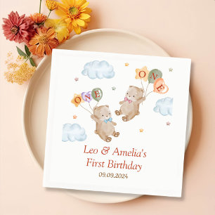 Bear Boy Girl Twins - Joint 1st Birthday Serviette