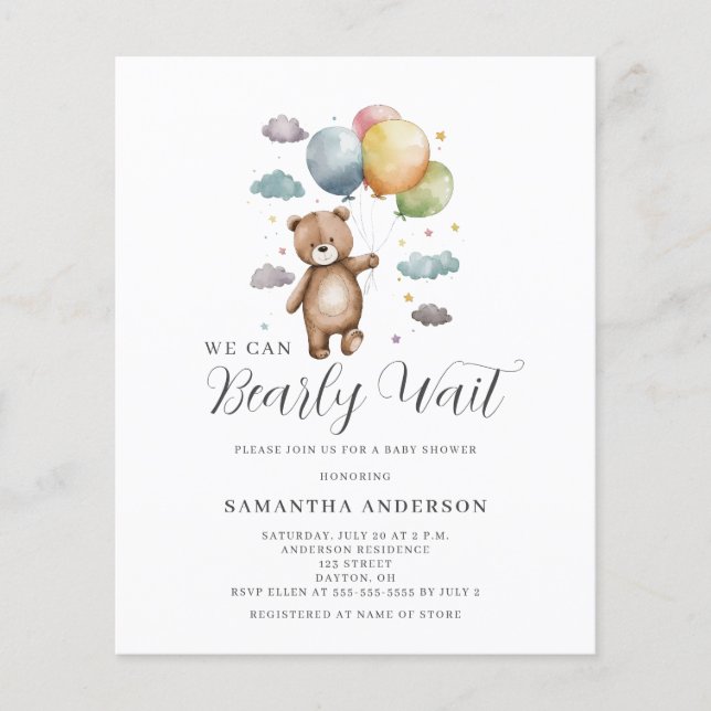 Bear Budget Baby Shower Einladung abwarten (Vorderseite)