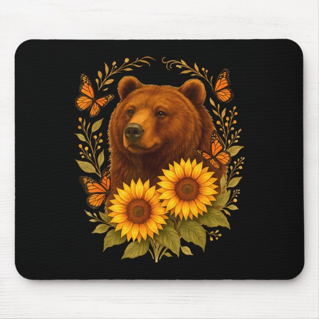 Bear Butterfly Nature Rustic Sunflower Monarch Art Mousepad (Vorne)