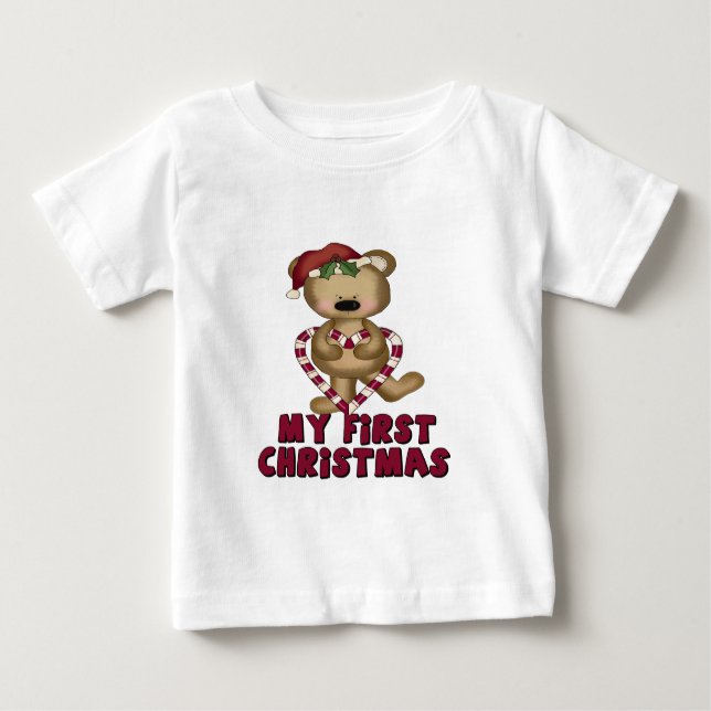 Bear & Candy Cane Baby's First Christmas Baby T-shirt (Vorderseite)