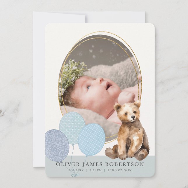 Bear Cub Balloons Boy Birth Ankündigung (Vorderseite)