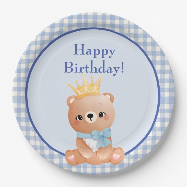 Bear Cub Blue Schachbrett Happy Birthday Pappteller (Vorderseite)