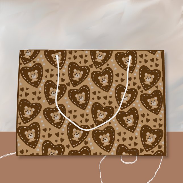 Bear Cub Face and Brown Heart Pattern Geschenktasc Große Geschenktüte (Von Creator hochgeladen)