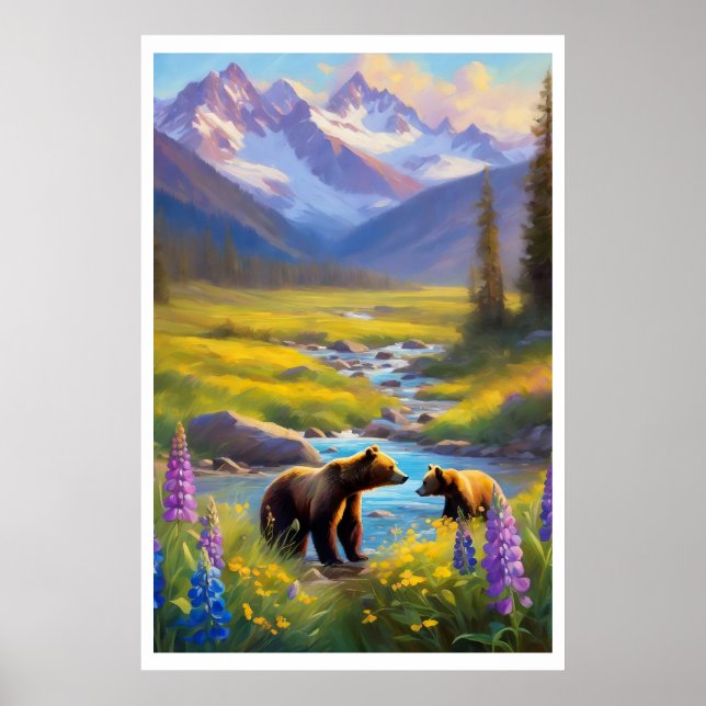 Bear Cub Snow Mountain Wiesen Wildblumen Malerei Poster (Vorne)
