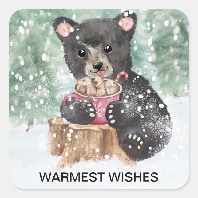 Bear Cub Warm wünscht Kakao Weihnachten Quadratischer Aufkleber (Vorderseite)