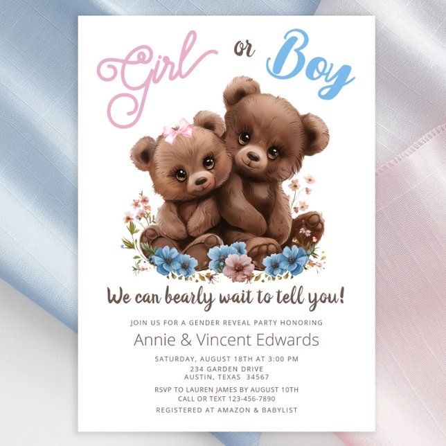 Bear Cubs Gender Reveal Party Einladung (Sweet baby bear cubs with pink and blue flowers gender reveal invitation. Simply add your details.)
