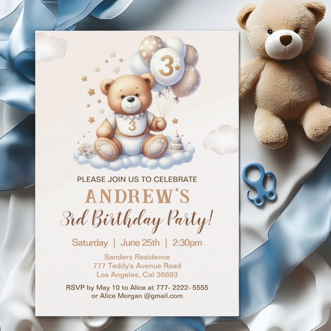 Bear Cute 3rd Birthday Party – Brown Teddy Bear Einladung (Von Creator hochgeladen)