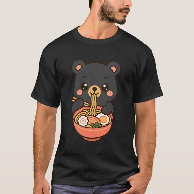 Bear Eating Ramen Noodles Kawaii Cute Funny T-Shirt (Vorderseite)