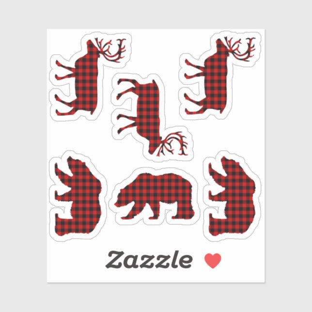 Bear Elk Buffalo Kariert Lumberjack Karo Red Aufkleber (Blatt)