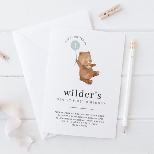 Bear ersten Geburtstag Einladung Grünen Ballon (Von Creator hochgeladen)