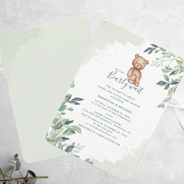 Bear Eucalyptus Foliage Couples Baby Dusche Einladung (We Can Bearly Wait Bear Eucalyptus Baby Shower Invitation)