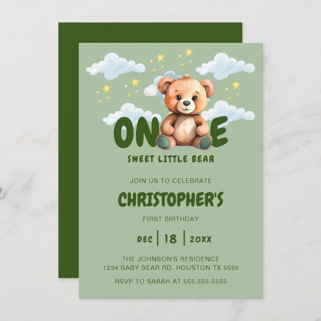 Bear First Birthday Einladung (Vorne/Hinten)