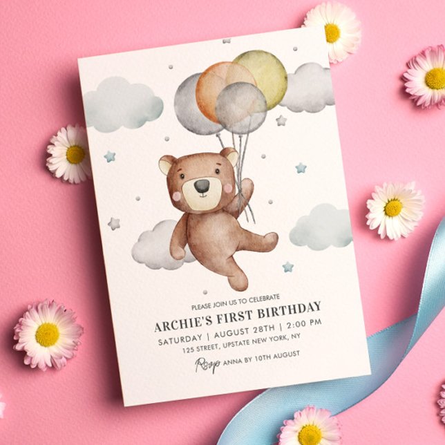 Bear First Birthday Einladung Ballon Niedlich (Baby Bear Teddy 1st Birthday Invitation Simple Cute and Modern Template )