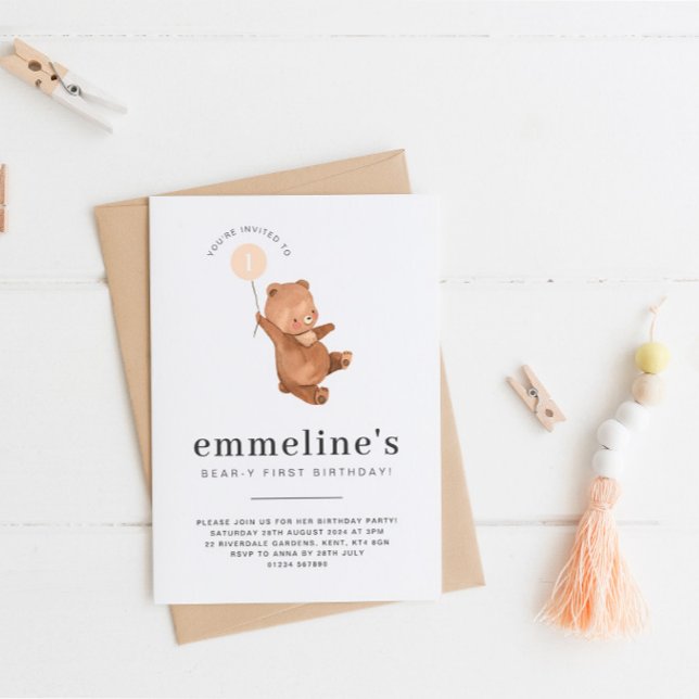 Bear First Birthday Einladung Orange Ballon (Von Creator hochgeladen)