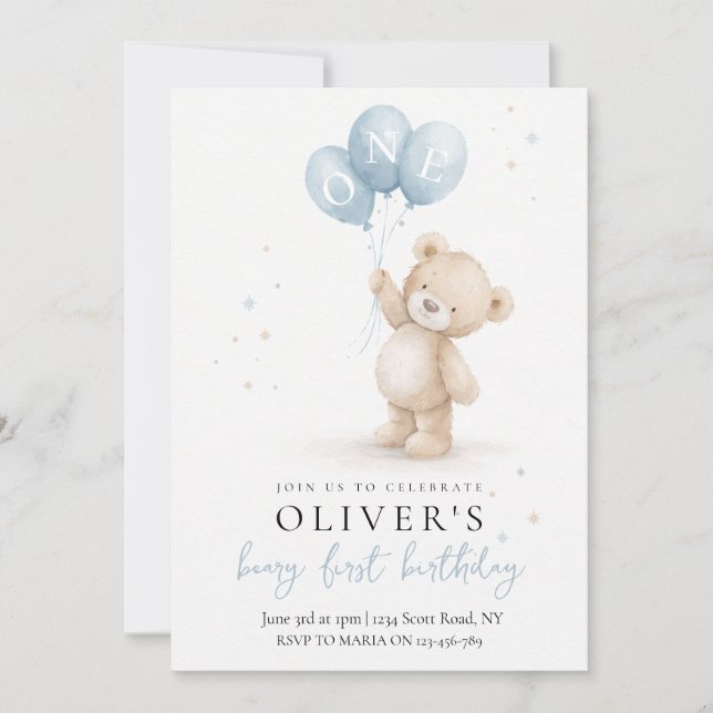Bear First Birthday Invitation Einladung (Vorderseite)