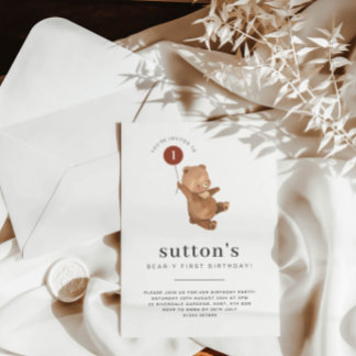 Bear First Geburtstag Einladung Rostballon