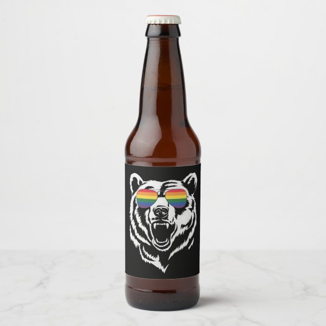 Bear Gay LGBTQ Rainbow Sunglasses Pride Flag Bierflaschenetikett (Vorderseite)