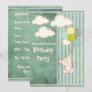 Bear Green Rustic Stripes Kindergeburtstag Einladung
