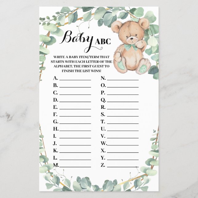 Bear Greenery Baby ABC Baby Shower Game Card Flyer (Vorne)