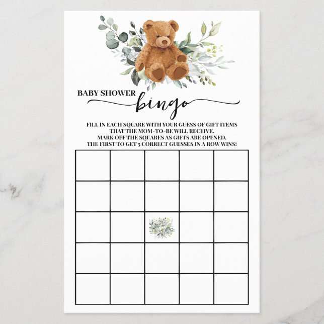 Bear Greenery Baby Shower Bingo Game Card Flyer (Vorne)