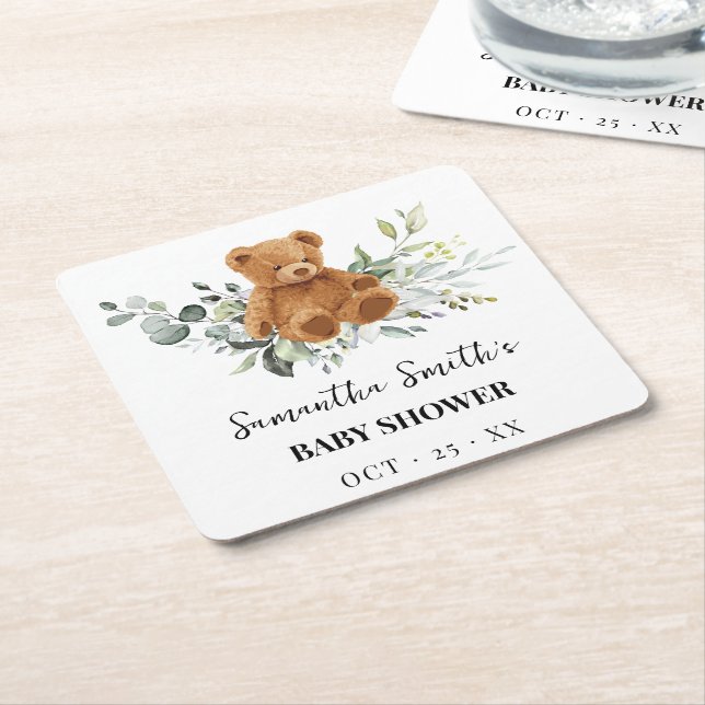 Bear Greenery Baby Shower Square Paper Untersetzer (angewinkelt)