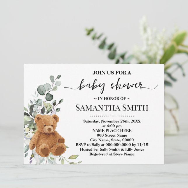 Bear Greenery Eucalyptus Baby Shower Einladung (Stehend Vorderseite)