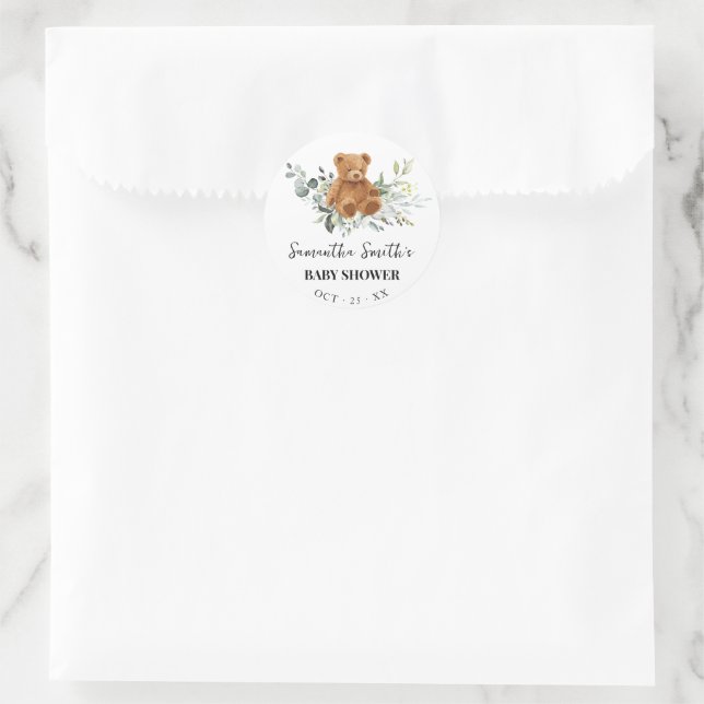 Bear Greenery Eucalyptus Baby Shower Runder Aufkleber (Tasche)