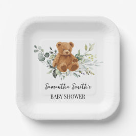 Bear Greenery Eucalyptus Baby Shower Square Pappteller