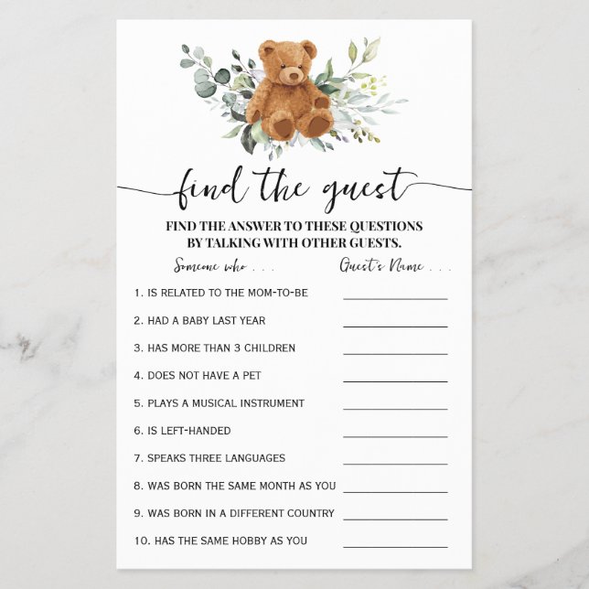 Bear Greenery Finden Sie die Guest Baby Shower Gam Flyer (Vorne)