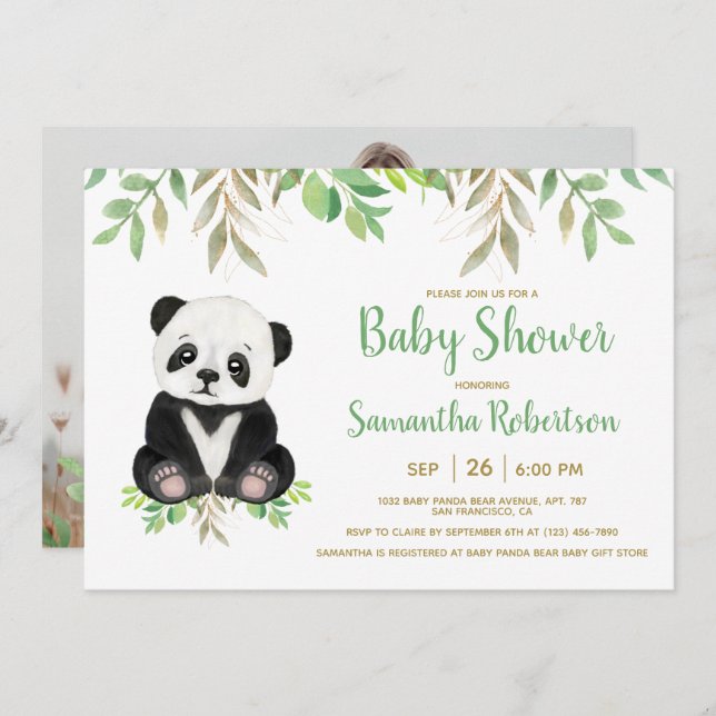 Bear Greenery Gender Neutral Baby Shower Foto Einladung (Vorne/Hinten)