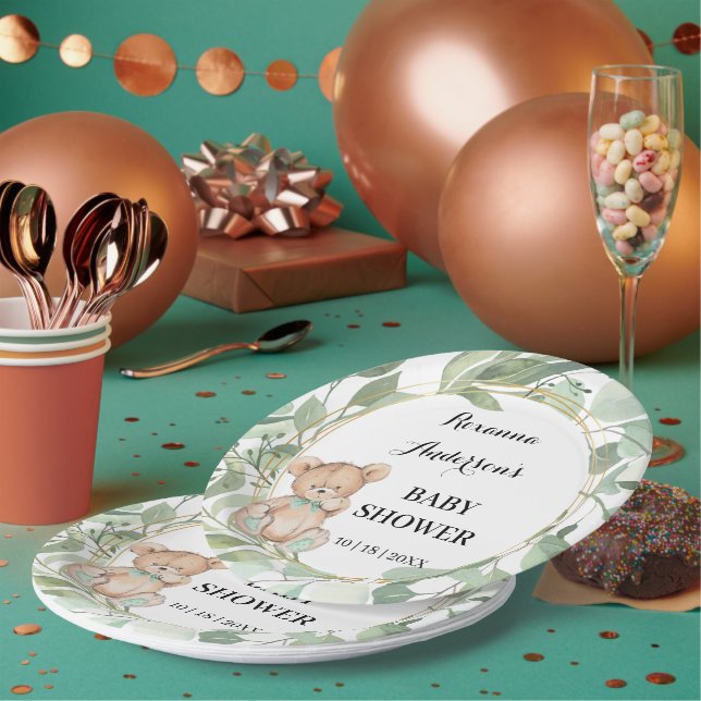 Bear Greenery Gold Baby Dusche Pappteller (Multi)