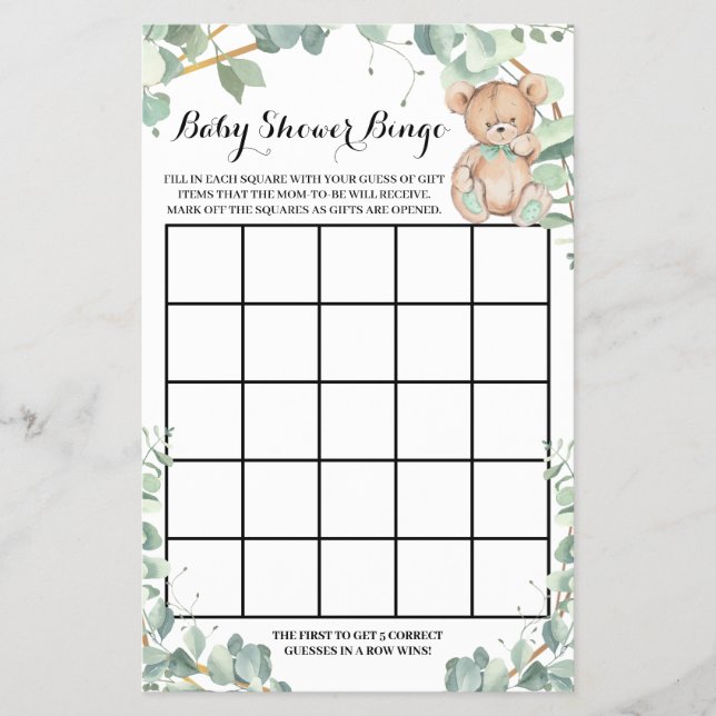 Bear Greenery Gold Baby Shower Bingo Game Card Flyer (Vorne)
