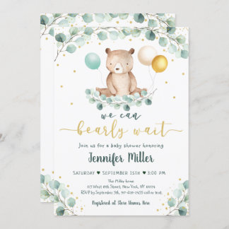 Bear Greenery Gold Gender Neutral Baby Dusche Einladung