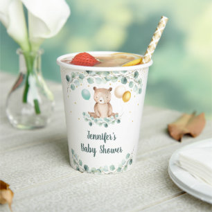 Bear Greenery Gold Gender Neutral Baby Dusche Pappbecher