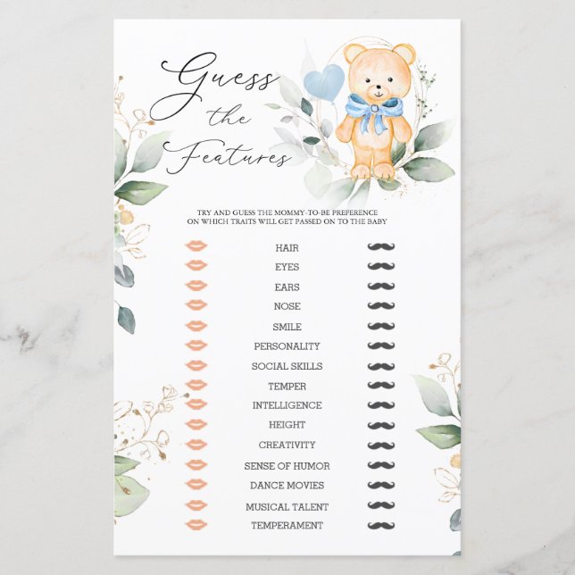 Bear Greenery Guess Baby Features Baby Shower Game (Vorderseite)